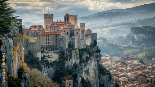 "A dramatic view of the medieval ChÃ¢teau de Foix in France, perched on a rocky hill with its stone towers and the town below. --ar 16:9 --stylize 250 Job ID: d361a31e-cf17-4531-b469-5f6d196e9a03