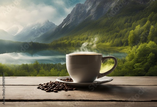 taza de café humeante con montañas verdes de fondo y granos crudos alrededor