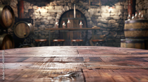 Rustic wooden table with blurred background of a cozy, stone-walled pub featuring barrels, stools, and dim lighting. The atmosphere is warm and inviting.
