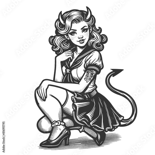 devil pin-up woman seated in a playful pose, featuring stylized horns and a tail sketch engraving generative ai fictional character vector illustration. Scratch board imitation. Black and white image.