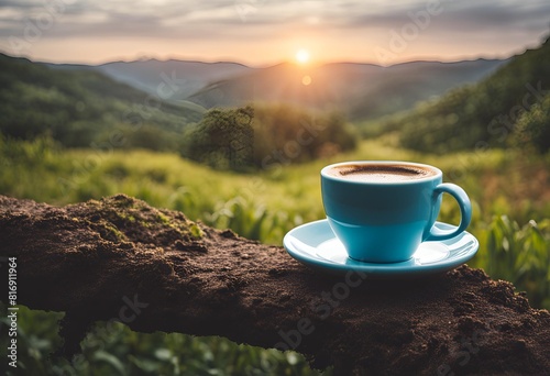 taza de café con paisaje de fondo