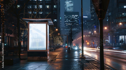 A blank advertising billboard placeholder template on the city street; an empty mock-up ; a white vertical mockup of an urban banner on the bus stop