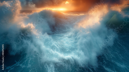 A dramatic photograph capturing the energy of abstract ocean waves crashing against a rocky shoreline, with frothy white crests and swirling eddies illuminated by the soft light of