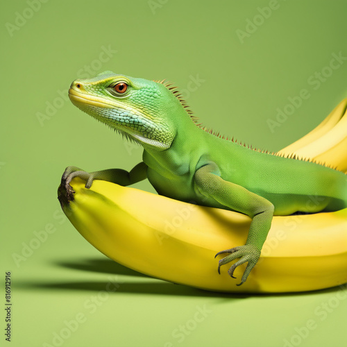 Zielona jaszczurka na żółtym bananie