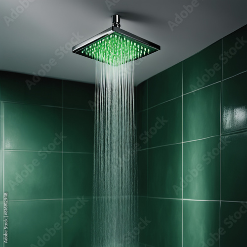 Podświetlana na zielono dysza prysznicowa z płynącą wodą