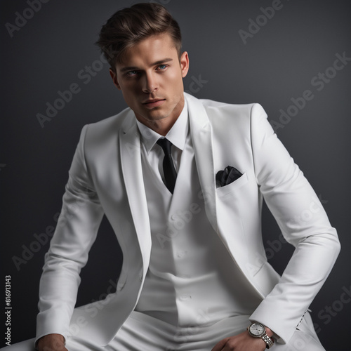 Przystojny młody mężczyzna w białym garniturze