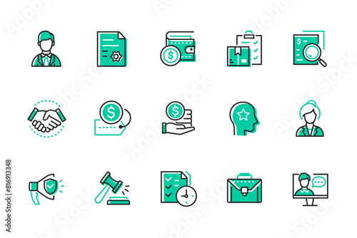 Legal services - set of line design style icons isolated on white background. Tax and customs consulting, auditing, debt recovery, advocacy, representation in court, business registration images