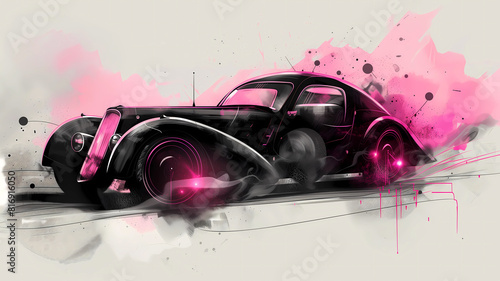 Vintage Retro Car Black Ink with Pink Accents. Illustration for sticker, poster or t-shirt.