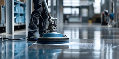 Janitor using floor polishing machine to clean indoor stone or parquet floor. Concept Floor polishing machine, Indoor cleaning, Stone floor maintenance, Janitorial services, Parquet floor care