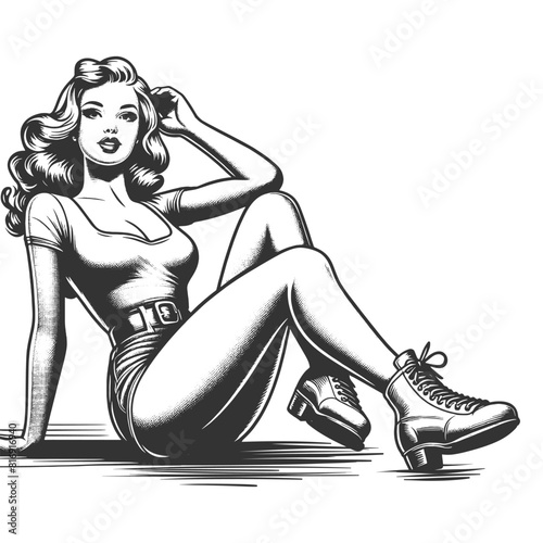 retro pin-up girl sitting casually with a playful pose, fashion and styling sketch engraving generative ai fictional character vector illustration. Scratch board imitation. Black and white image.