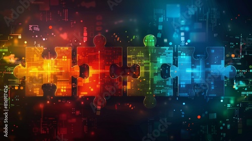 Vibrant digital technology backdrop with puzzle pieces merging in abstract image