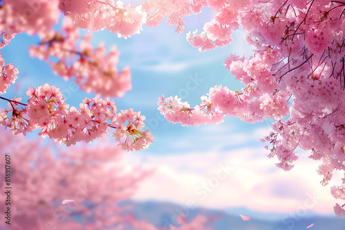 Beautiful cherry blossom sacra in spring time over blue sky.