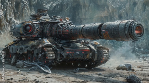 Futuristic armored space cannon in a cave - An intricately detailed sci-fi cannon with futuristic armor plating set in a rugged cave environment
