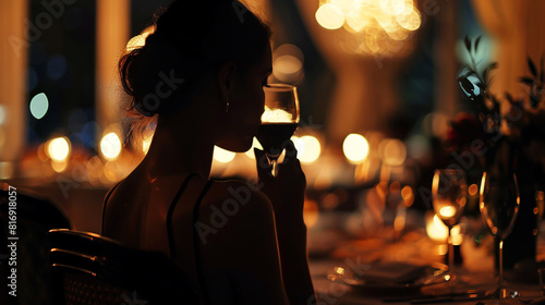 An elegant glamorous woman with a glass of wine.
