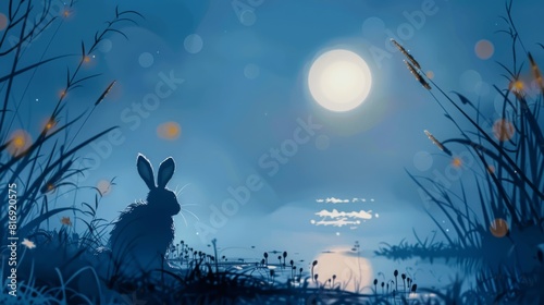 chinese rabbit under the moonlight by a river, year of the rabbit, chinese lunar new year 2023. Generative AI