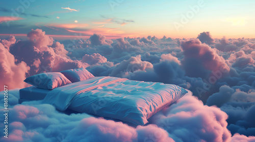 Surreal scene of a made bed floating on soft, fluffy clouds against a backdrop of a vibrant sunrise. The image evokes a sense of tranquility and dreaminess.