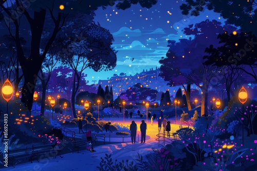 Whimsical night park scene illuminated by numerous glowing lanterns. People enjoying tranquil evening strolls under starlit sky. Vibrant colors, serene atmosphere, enchanting ambiance.