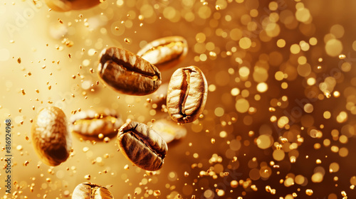 A close-up shot of coffee beans in mid-air with a yellowish bokeh background, highlighting their texture and freshness.
