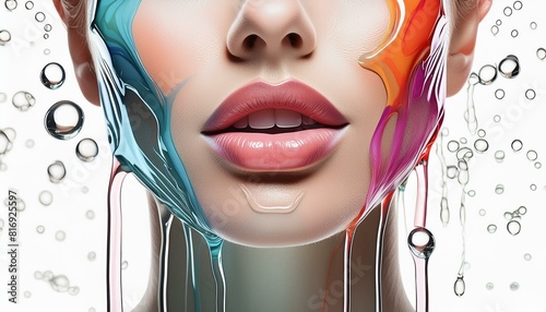 Frau mit schönen Gesicht rote Lippen unter Wasser mit Luftblasen. 