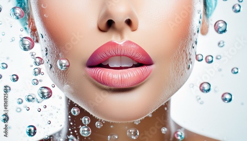 Frau mit schönen Gesicht rote Lippen unter Wasser mit Luftblasen. 