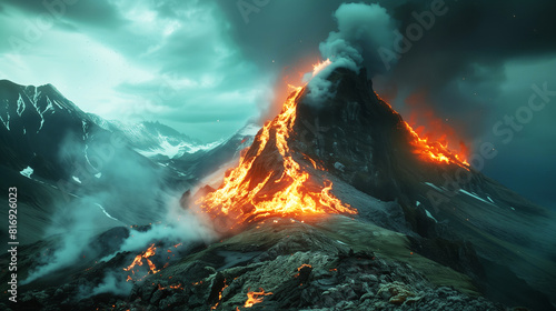 Molten lava flows down the slopes of an erupting volcano under a dramatic sky, surrounded by rugged, snow-covered mountains and dark, smoky clouds.