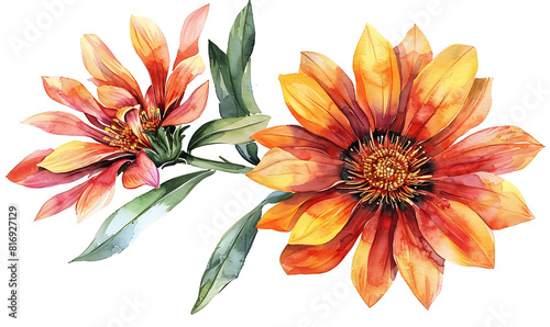 Watercolor Painting of Three Gazania Flowers in Yellow, Pink, and Orange