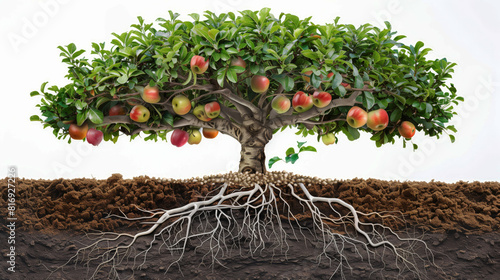 Illustration of a tree with visible roots and branches. The tree is laden with apples, showing both its fruit and its root system underground, highlighting nature and growth.