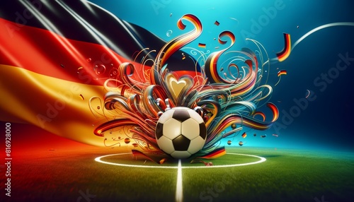 Football cup, soccer ball and german flag in a sports stadium. 