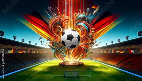 Football cup, soccer ball and german flag in a sports stadium. 