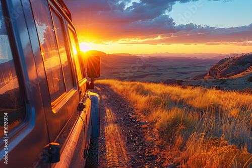 A van traveling at sunset in nature on a canyon path for a road trip to adventure and freedom, summer concept 
