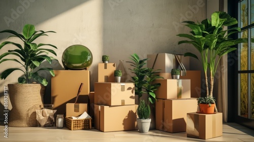 Stack of cardboard boxes with household belongings and potted home plants 