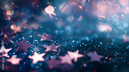 Abstrato de Natal com espaço de cópia para produto ou texto. Pequenas estrelas brilhantes prateadas rosa sobre fundo azul marinho com bokeh