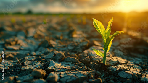 Seedling Growing in Parched Soil at Sunset. A young plant emerges from cracked, dry soil under a golden sunset, symbolizing resilience and new beginnings.