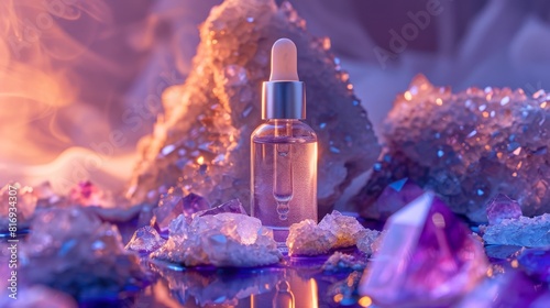 Mystical Serum Bottle on Crystal Rocks for Wellness or Beauty Products