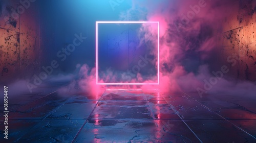 3d render of glowing neon blue and pink rectangle frame on dark background, empty virtual space with glossy floor. 