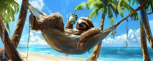 Sloth Relaxing in Tropical Hammock with Coconut Drink on Beach
