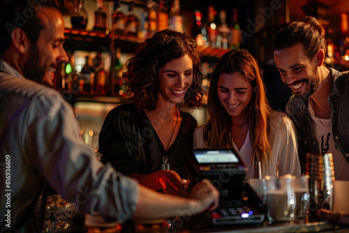 Group of friends making an electronic payment to split the bill at a trendy bar, with smiles and gestures suggesting the convenience of this solution