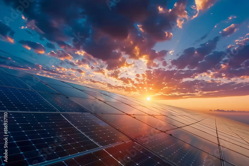 Solar Panels Under Sunlight Sunset - Generative AI.