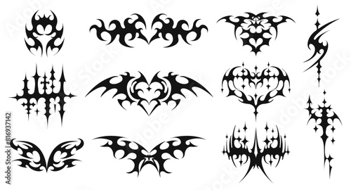 Cyber sigilism shapes. Neo tribal tattoo sharp spikes, y2k butterfly and symmetrical demonic heart for streetwear designs vector set