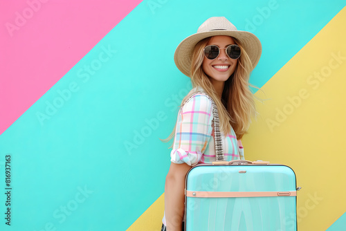 Woman with a suitcase against a colorful backdrop, embodying the excitement of travel