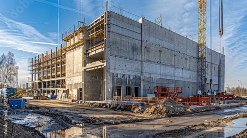 Visual documentation of a tilt-up warehouse construction, showing intricate details of concrete walls being erected alongside supports and girders
