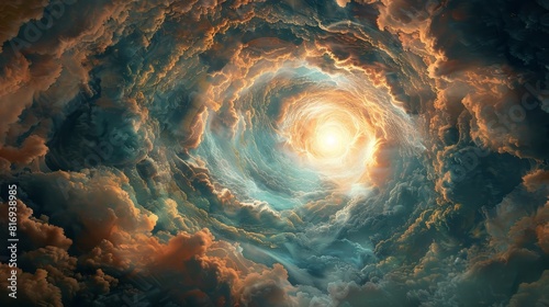 Surreal view of a portal opening in the sky, swirling clouds around a bright passage to new worlds, highly detailed
