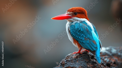 Small and brightly colored bird with a large head and a long, pointed beak.
