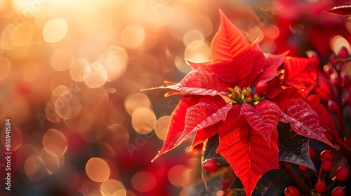 A red poinsettia flower with blurred background, symbolizing the festive season and Christmas. 