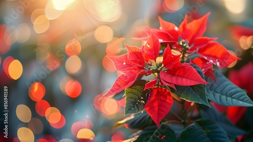 A red poinsettia flower with blurred background, symbolizing the festive season and Christmas. 