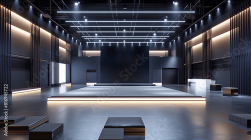 Modern minimalist interior of an empty event space or auditorium with a large central stage, sleek lighting fixtures, and clean, black elegant design.