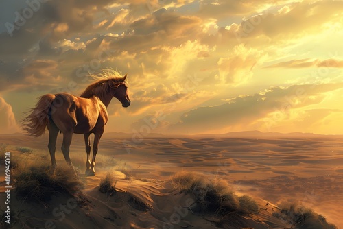 a cute horse in the desert with sunset