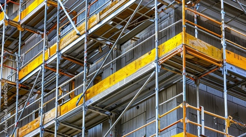 High-detail close-up of scaffolding used in the construction of a large building, emphasizing the architectural and engineering aspects
