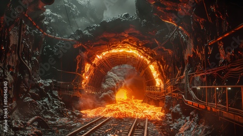 Hellish scene at a subway entrance where fiery lava and dense smoke transform the gate into a portal of hell, magma themed
