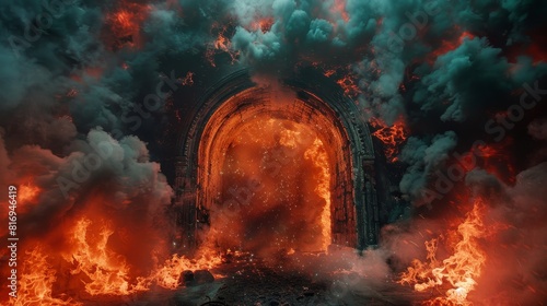 Hellish scene at a subway entrance where fiery lava and dense smoke transform the gate into a portal of hell, magma themed